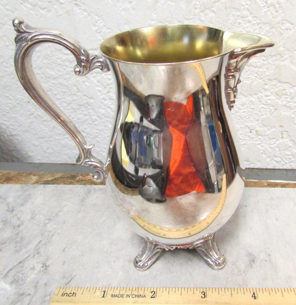 vintage silver plate wm rodgers metal water pitcher, 4.5 inch tall claw foot