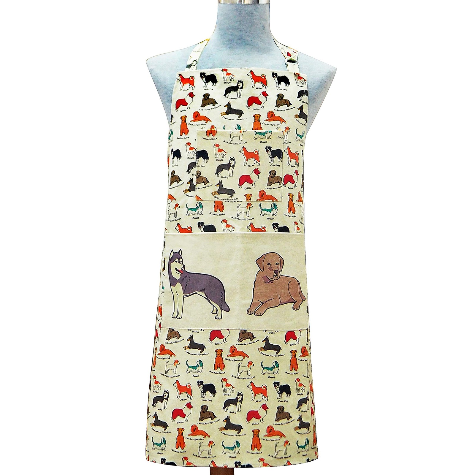 Adjustable Neck Strap Bib Apron 3 Pockets Extra Long Ties 100% Cotton Dog Pri...