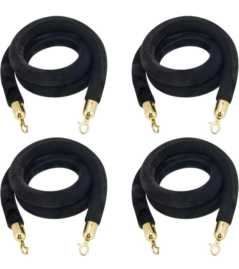 Black Velvet Stanchion Ropes 6.5' Set of 4 Gold Clip Crowd Control Queue Barrier