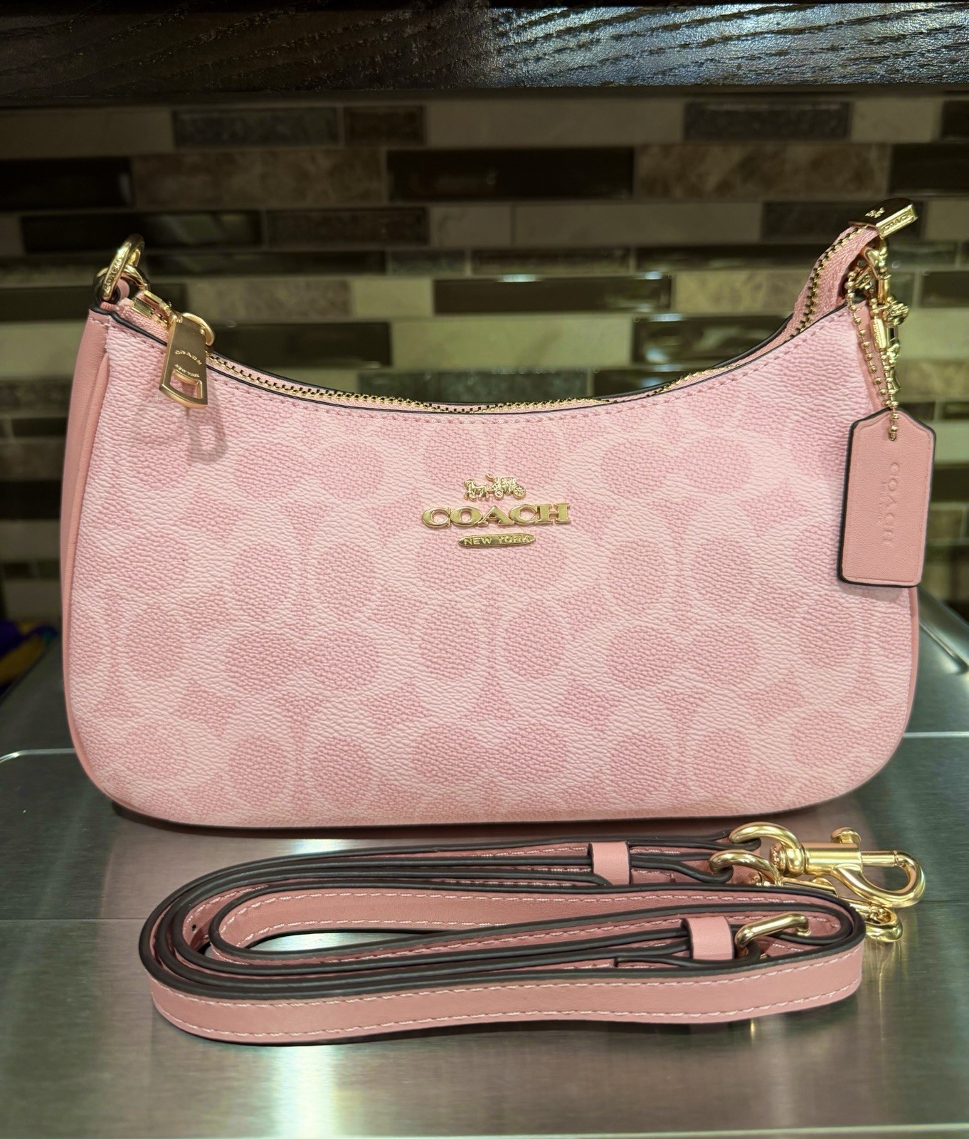 COACH Teri Shoulder Bag In signature canvas/Gold/Powder Pink New CAL51