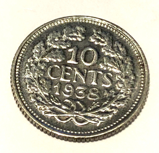 1938 Netherlands Wilhelmina 10 Cents * 1.4g * .640 Silver * KM# 163 * N#2838