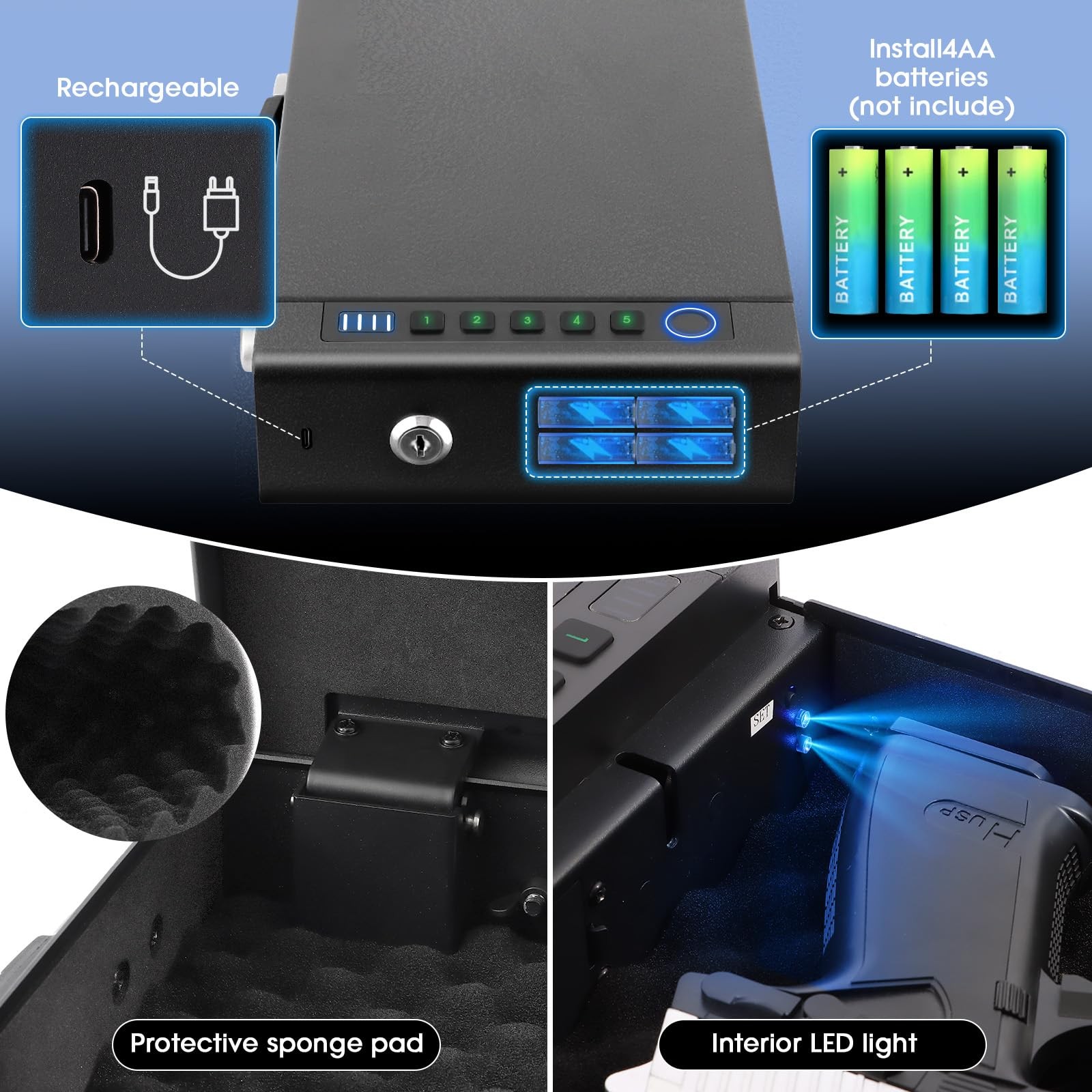 Biometric Fingerprint Safe for Handgun, 3 Quick Access Methods, with Fingerpr...