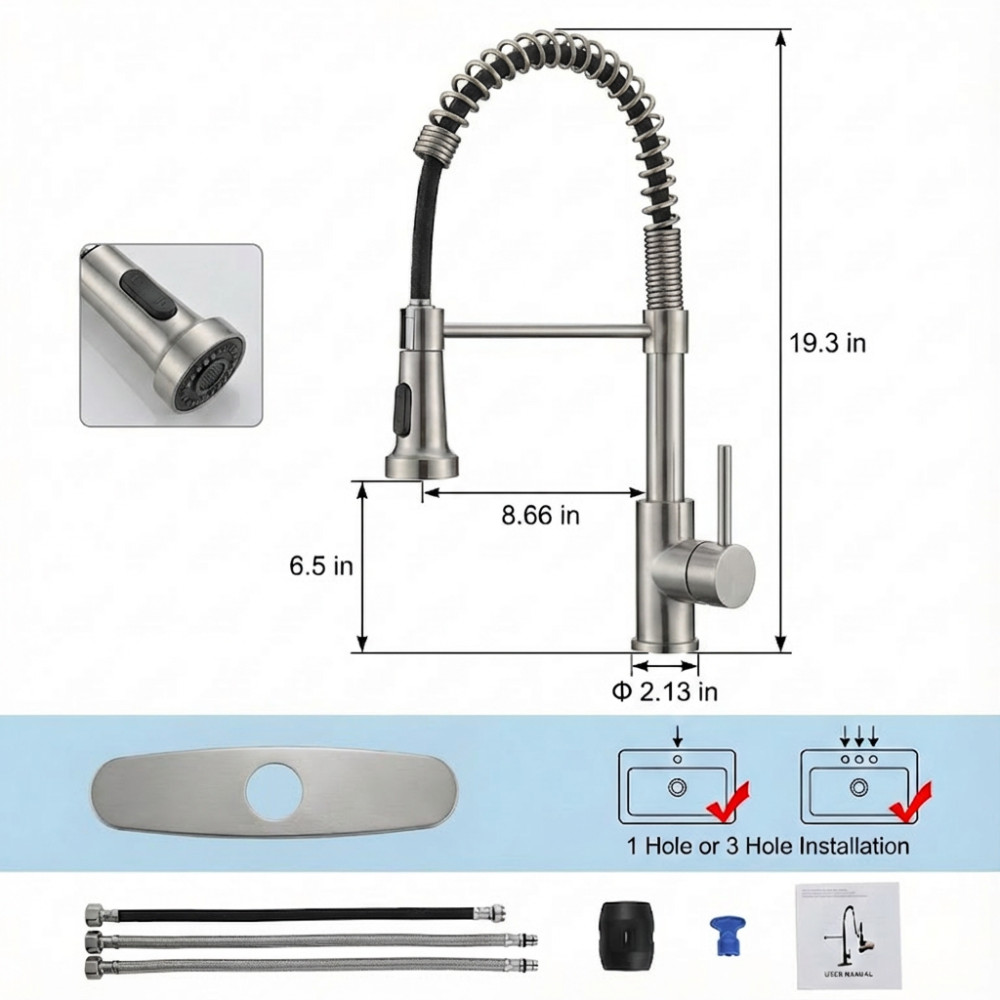 Kitchen Faucet with Pull Down Sprayer Industrial 1 Handle 1 or 3 Hole Stainless
