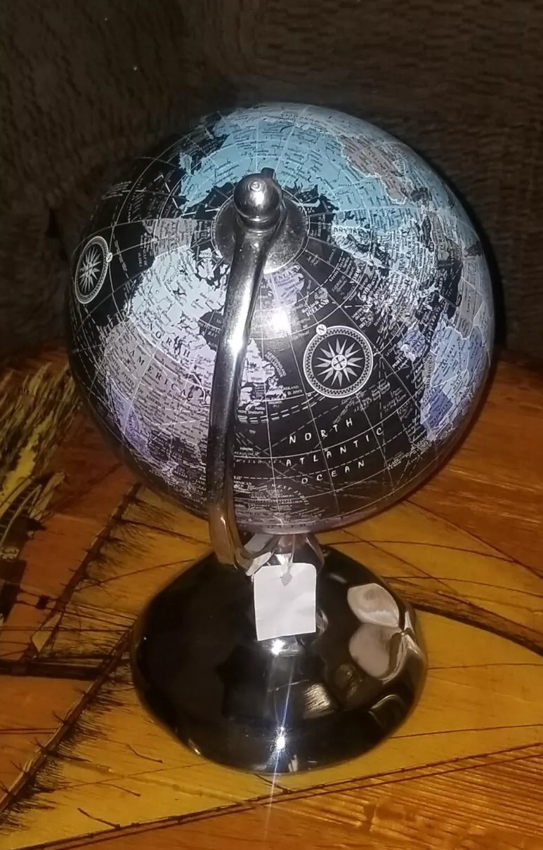 Small Three Hands Corp Rotating World Globe Black Chrome Desk Table Shelf 12"