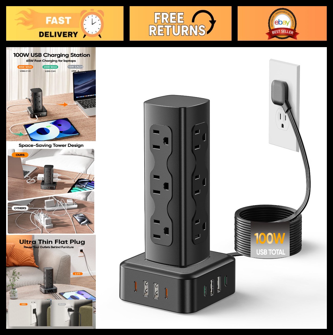 Multi-Outlet Power Strip Tower with 12 AC Outlets & 8 USB Ports, 6 Ft Cord