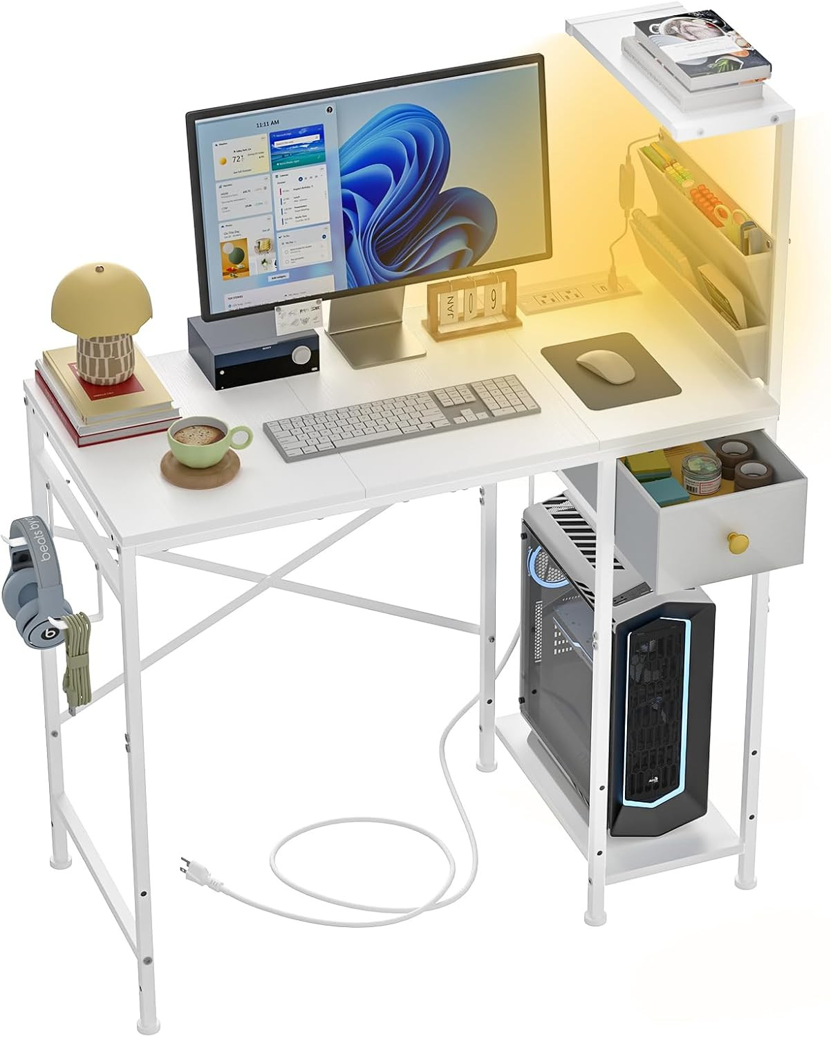 Compact 33.7" Computer Desk with Power Outlets, LED Lights & Storage Hooks