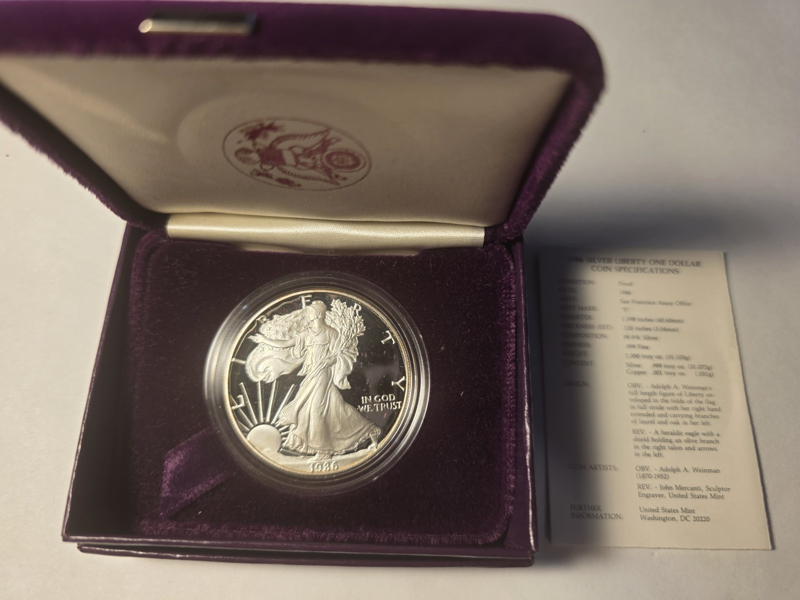 1986-S Proof American Silver Eagle Dollar $1 Box & COA US Mint Bullion OGP-Key