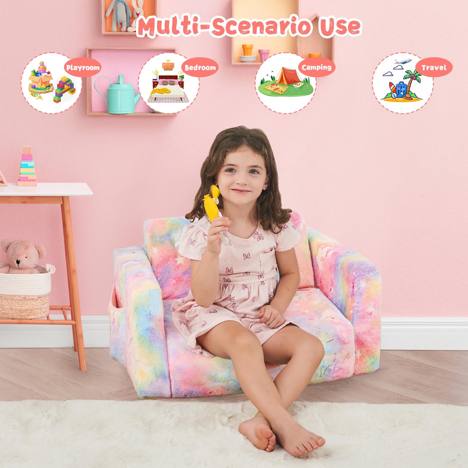 inhand Toddler Chair Comfy,2-in-1 Soft Toddler Couch Fold Out for Kids,Conver...