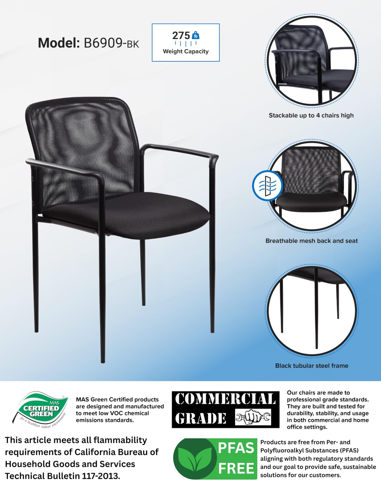 Stackable Mesh Guest Chair in Black, 250 (B6909-BK)