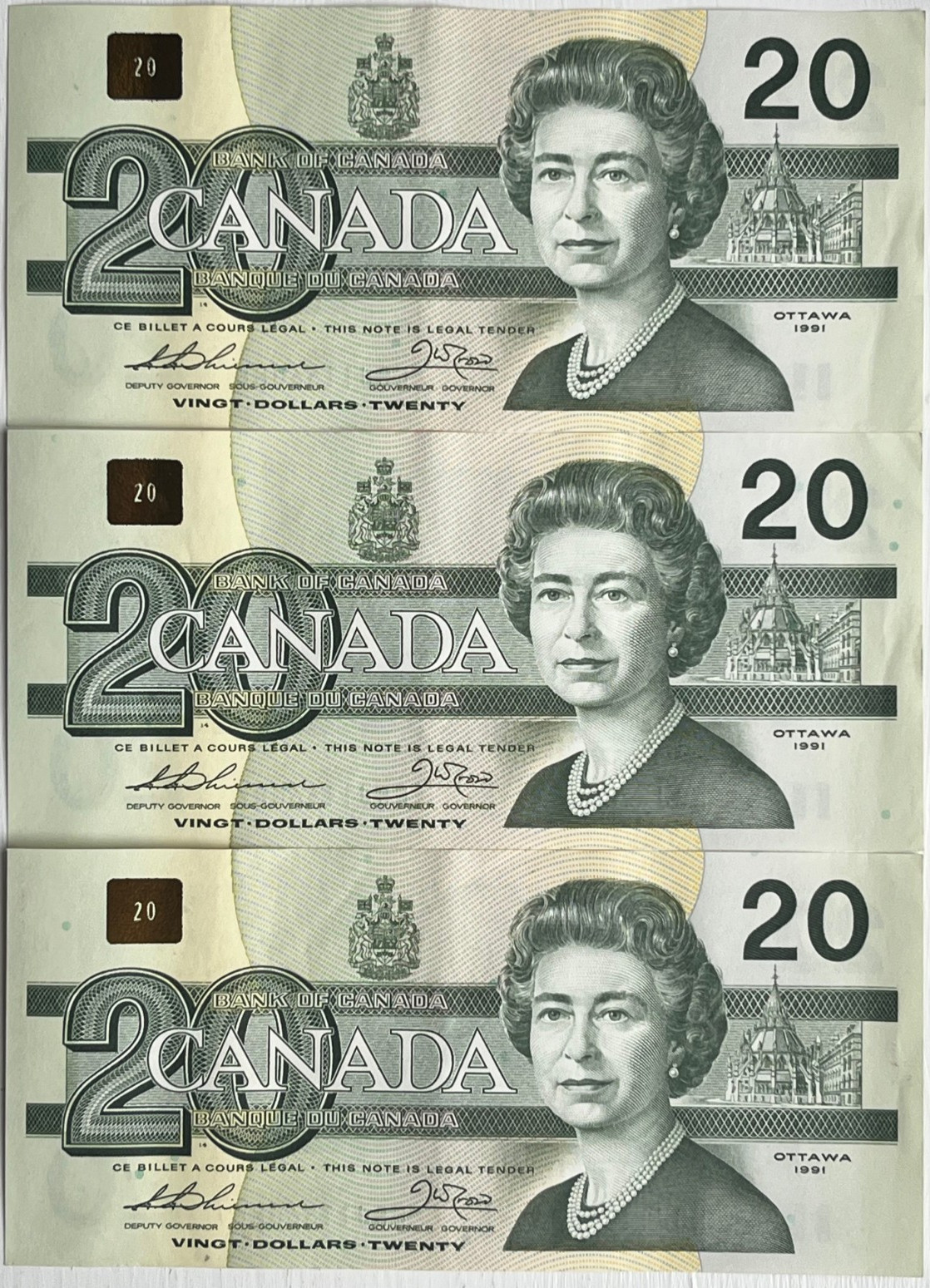 Three sequential ESJ serial # Bank of CANADA 1991 $20 Twenty Dollars banknotes