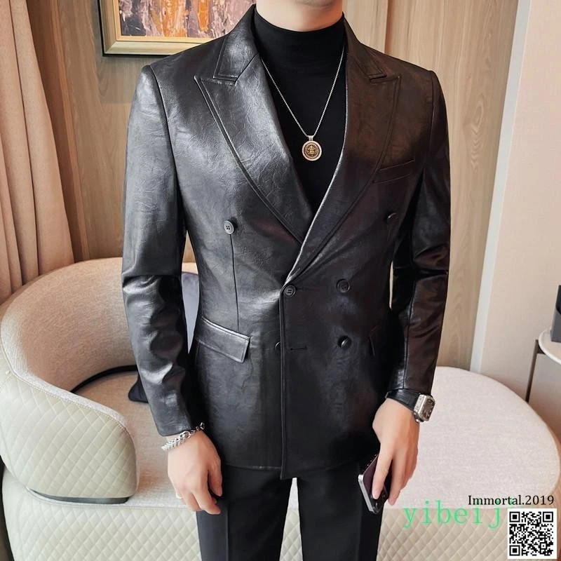 NEW Men's Double Breasted Leather Blazer Jackets Slim Fit Coats Business Casual