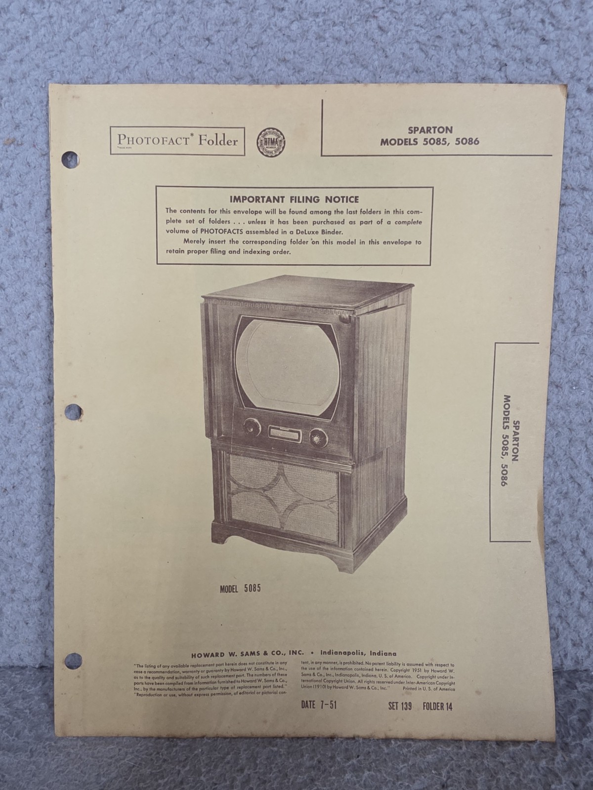 Sparton Models 5085 5086 Sams Photofact 1951 Television Repair User Manual