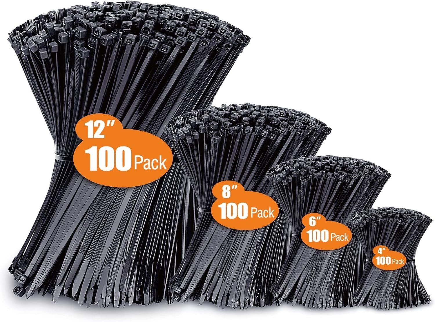 Multi-Purpose Nylon Zip Ties 400 Pack - Assorted Sizes 4”-12” with High Strength