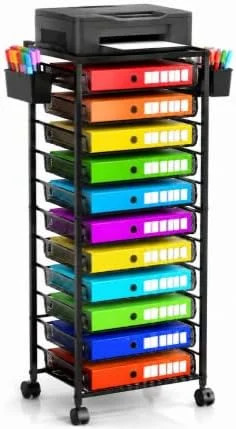 Ekisemio 11-Tier Rolling File Cart, Mobile Desk-Side Organizer with Top Shelf an