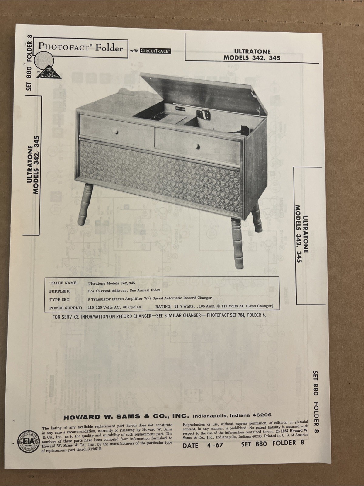 Vintage Sams Photofact Schematic 4-1967 ULTRATONE MODELS 342, 345