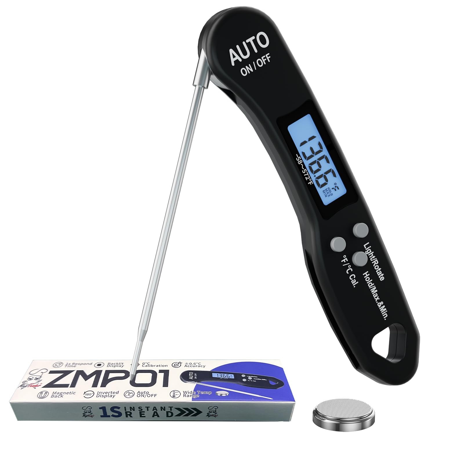 Ultra-Fast 1.2s Instant Read Meat Thermometer for Grilling & Smoking, Black