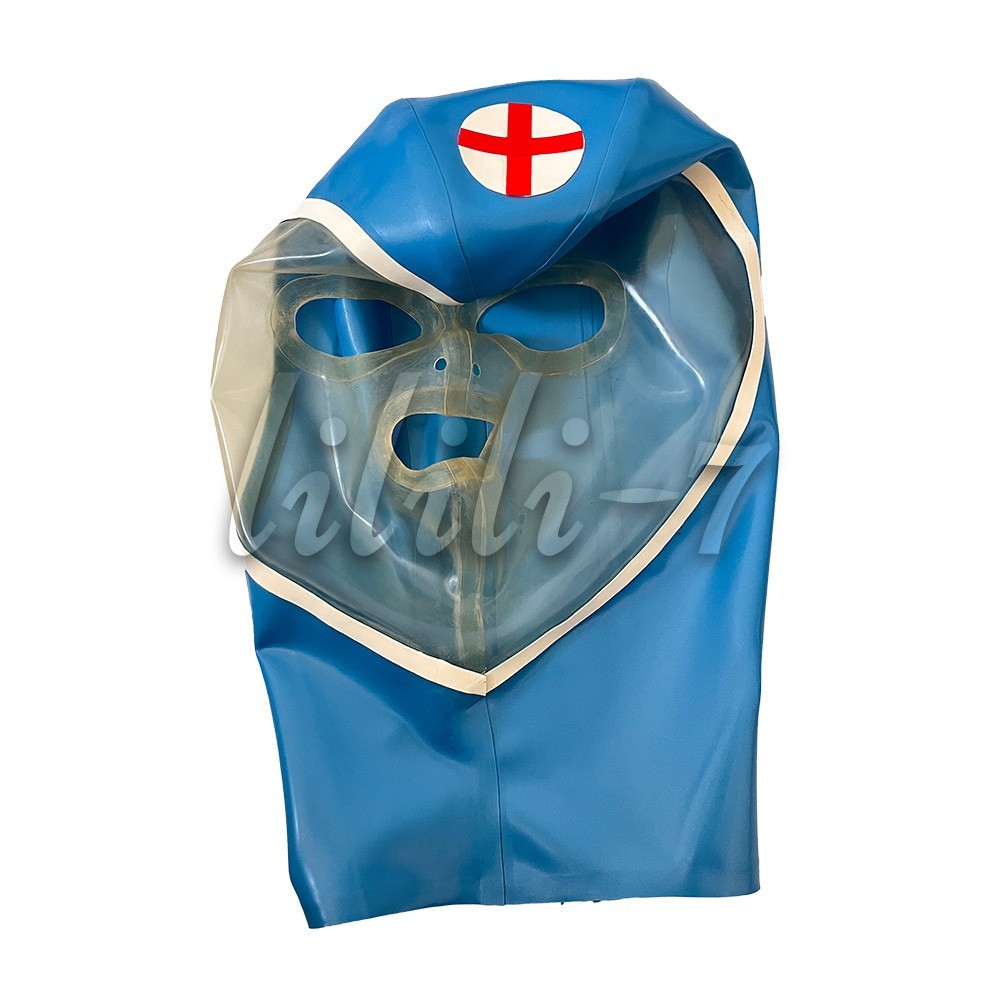 Transparent Face Latex Hood with Back Zipper Rubber Mask Nurse Cosplay Clubwear