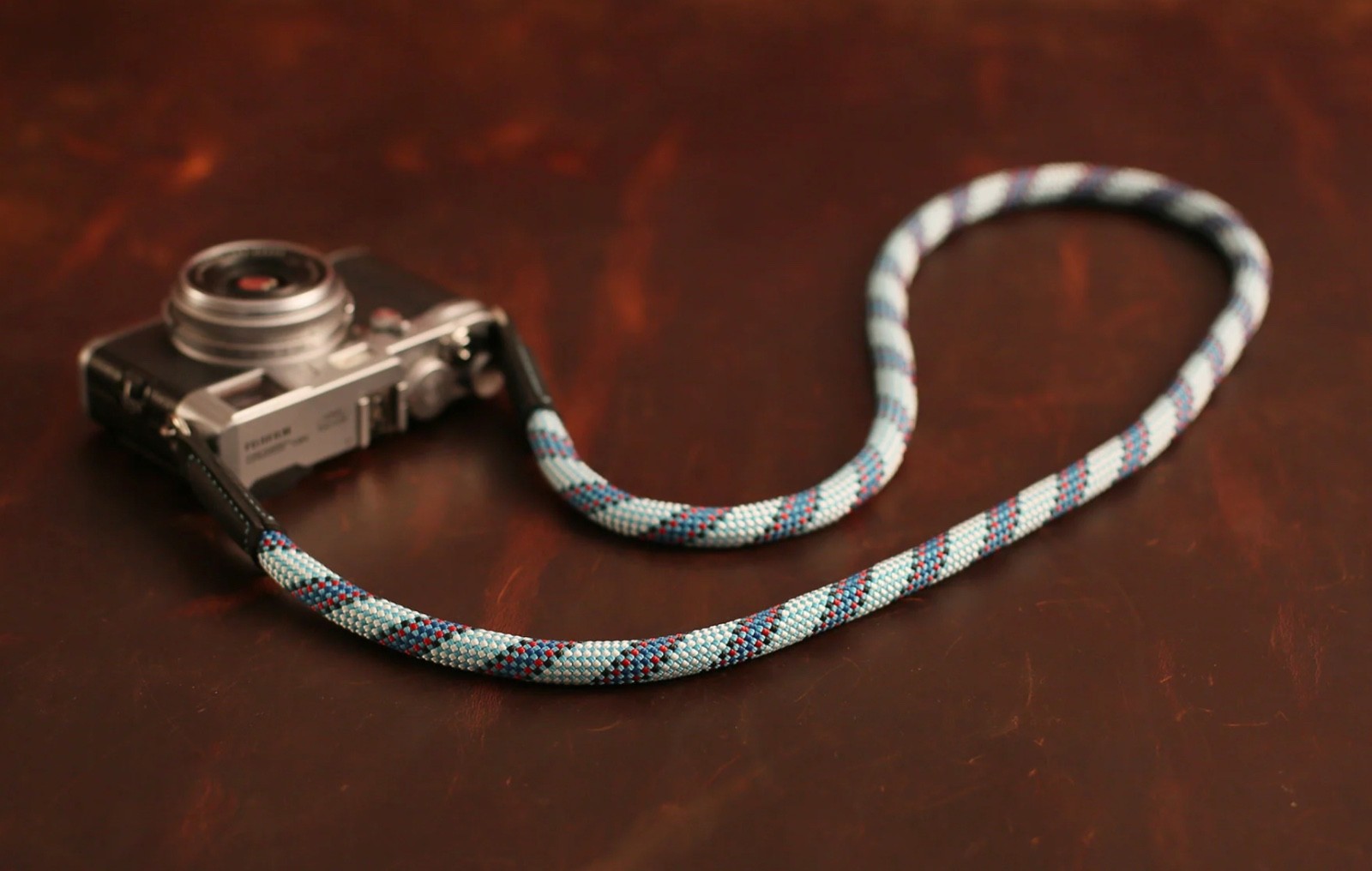Windmup Blue Pattern Rope Camera Strap – Handmade Climbing Rope & Black Leather