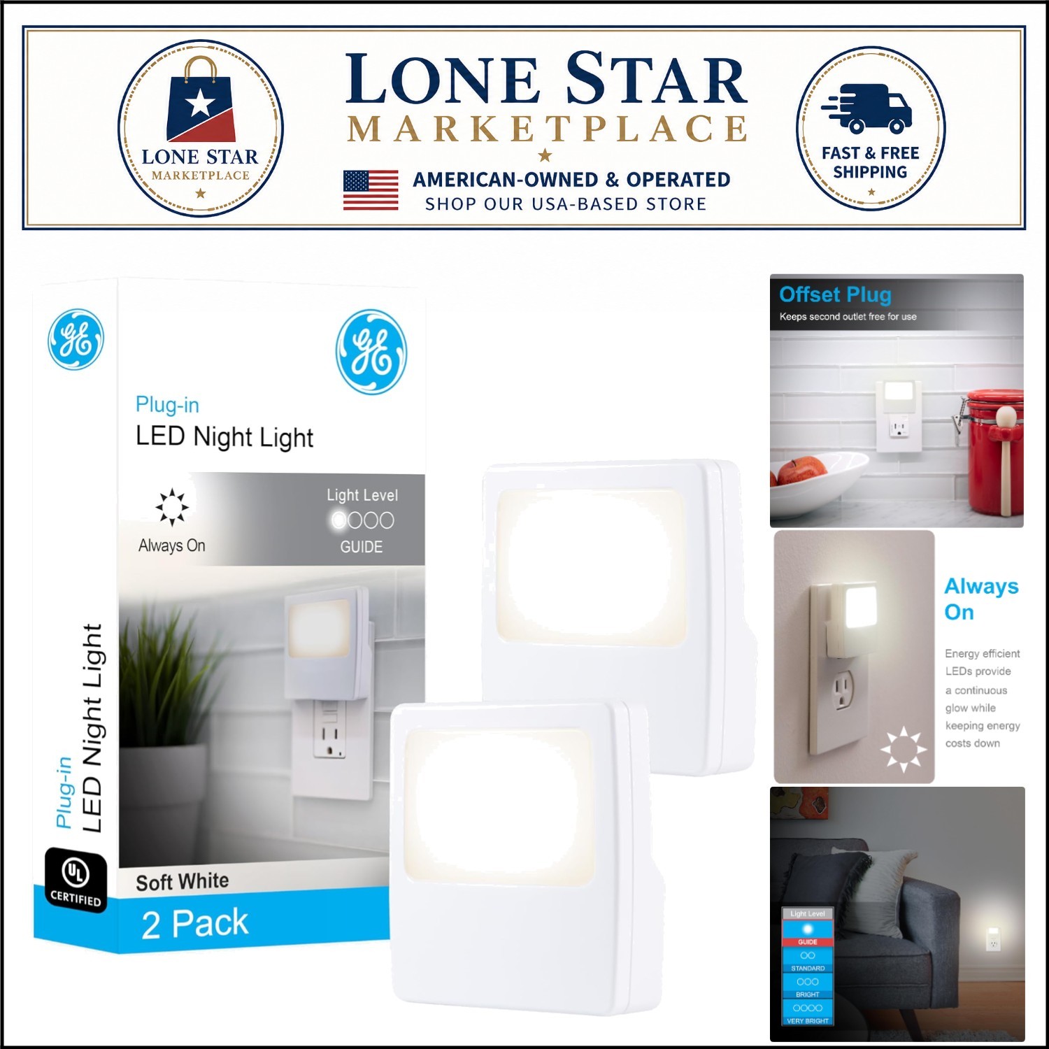 Compact GE White LED Night Light with Touch Control - Set of 2 for Safety