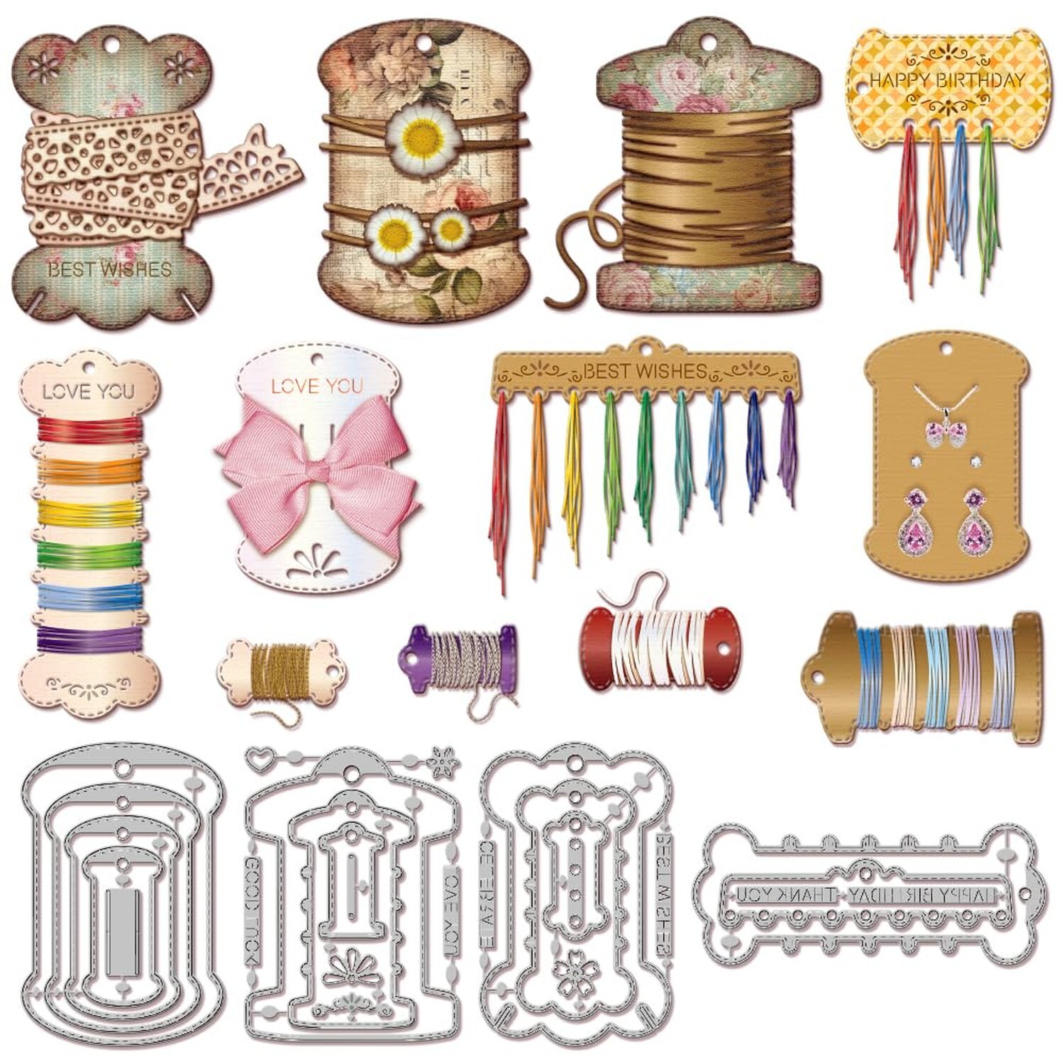 GLOBLELAND Nested Thread Spool Cutting Dies for Card Making Floss Bobbin Die ...