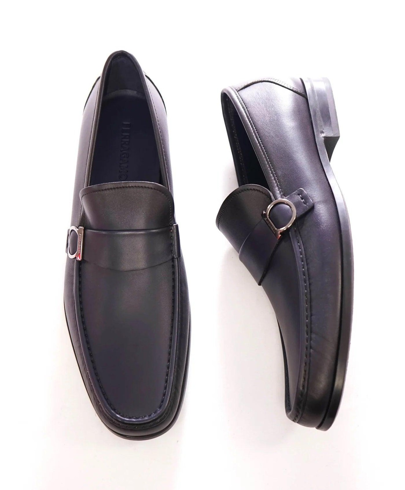 $850 FERRAGAMO - Midnight Blue Leather "DUOMO" Loafers - 12 E