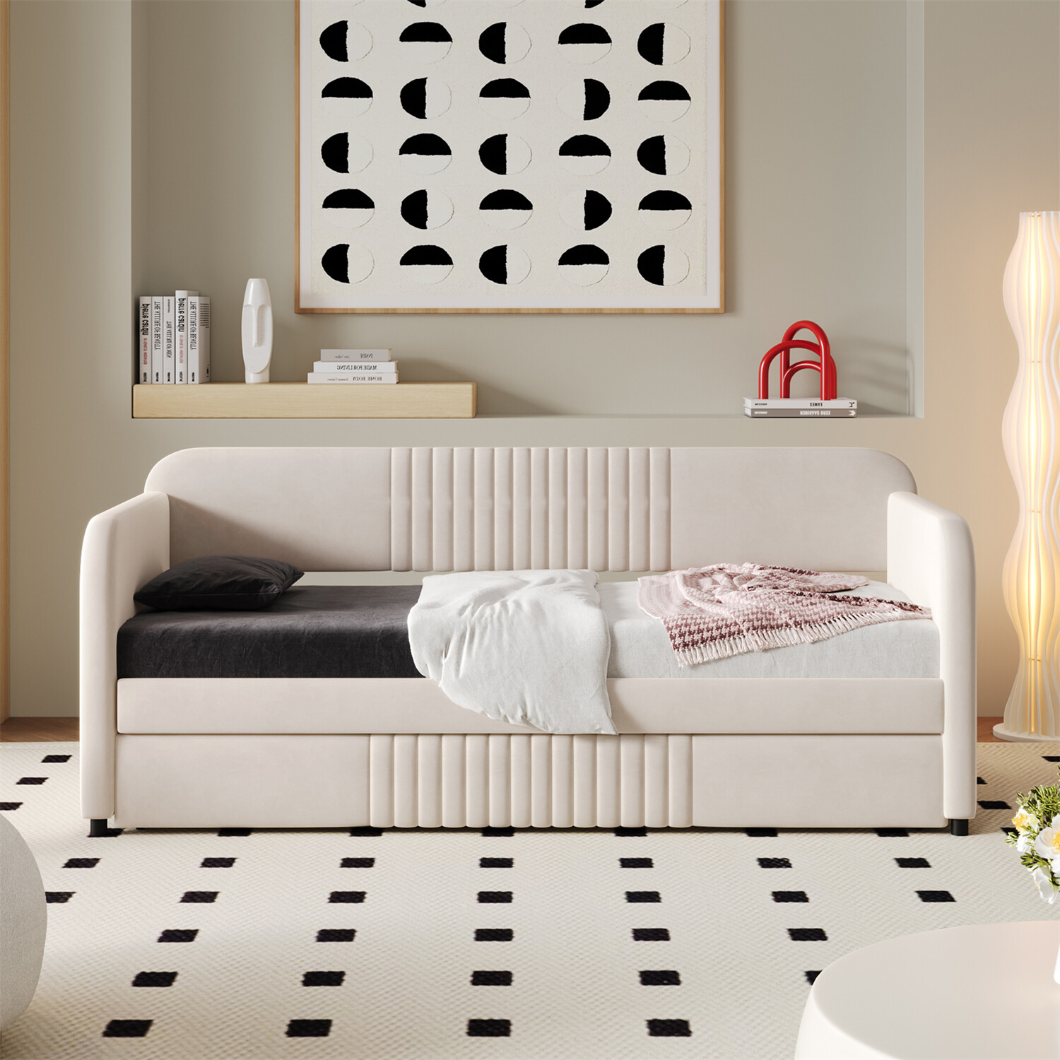 Twin Size Daybed with Trundle Upholstered Bed Frame Sofa Bed Beige/Blue/Gray