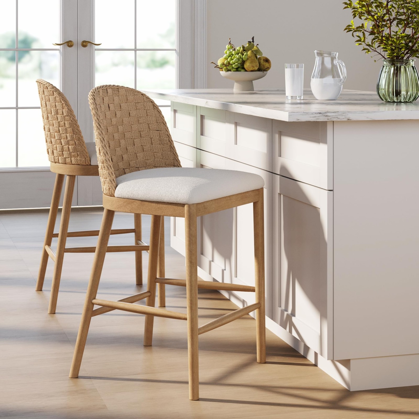 Rikki Seagrass Bar Stool with Back, 2-Pack Boucle Counter Stool with Upholste...