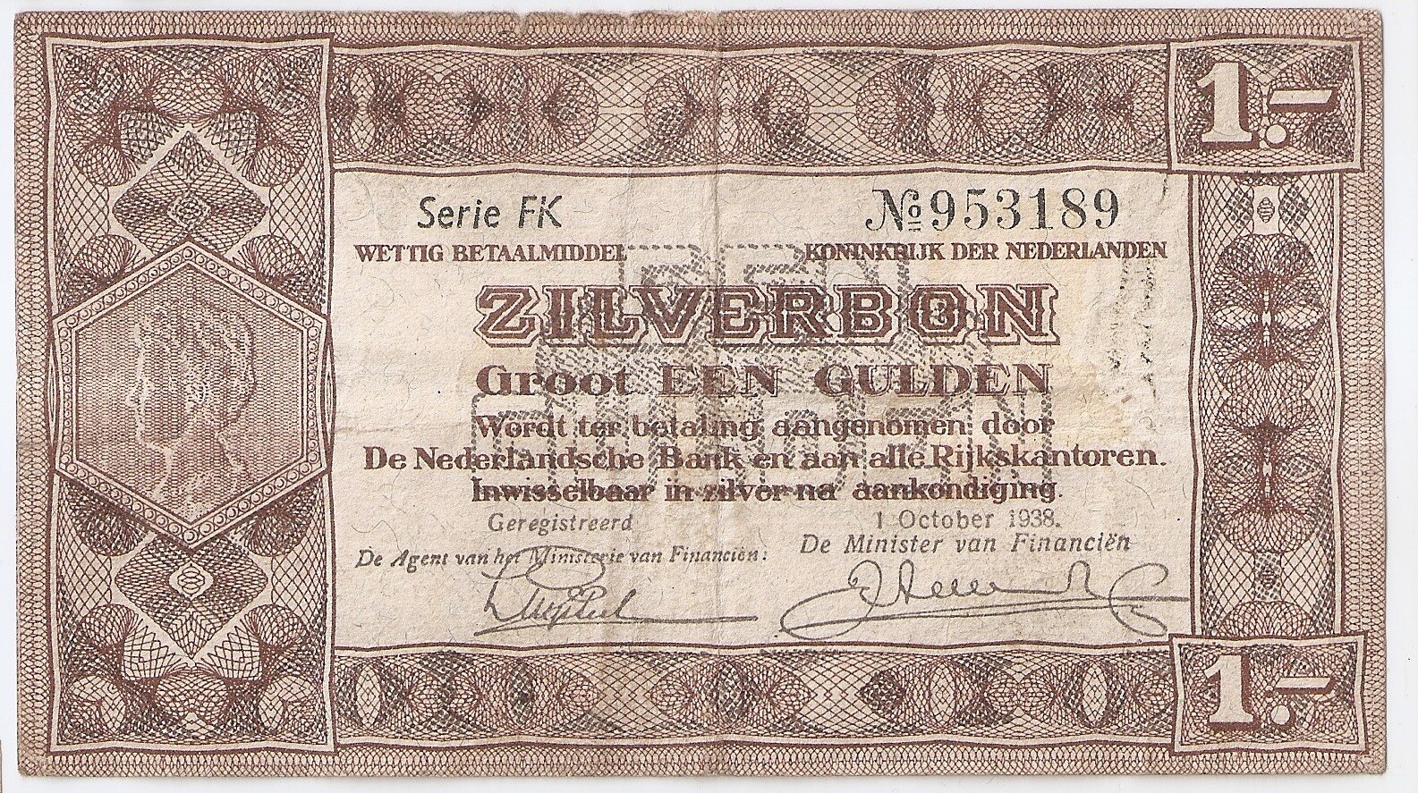Netherlands 1  gulden 1938 Zilverbon