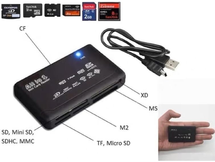Versatile USB Memory Card Reader with 6 Slots - Black, Compact Design
