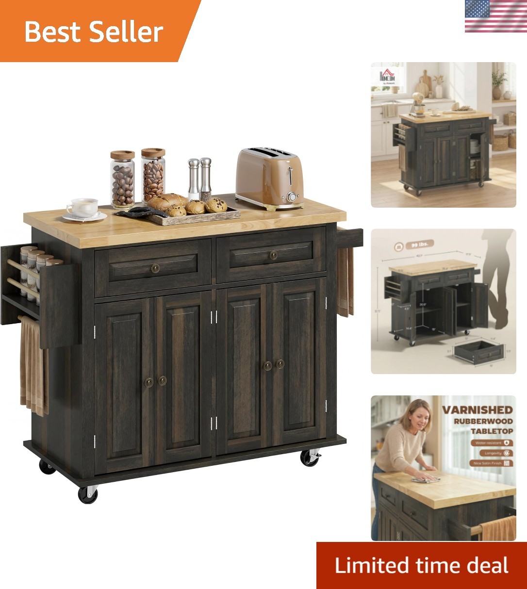 Kitchen Island Cart with Rubber Wood Top, Rolling Kitchen Island Table on Whe...