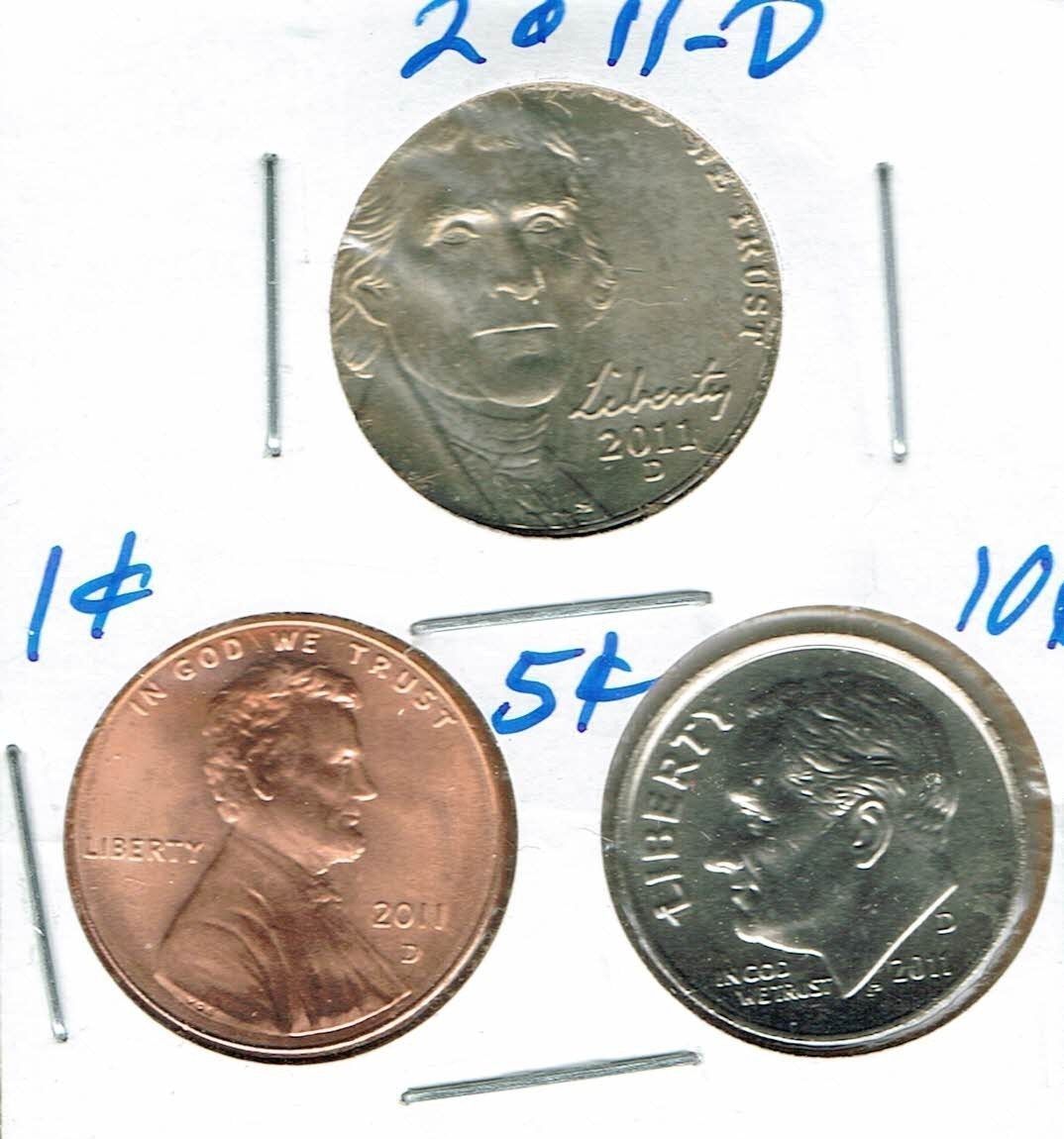 2011 Three Denver Brilliant Uncirculated Business Strike Cent, Nickel,Dime Coins