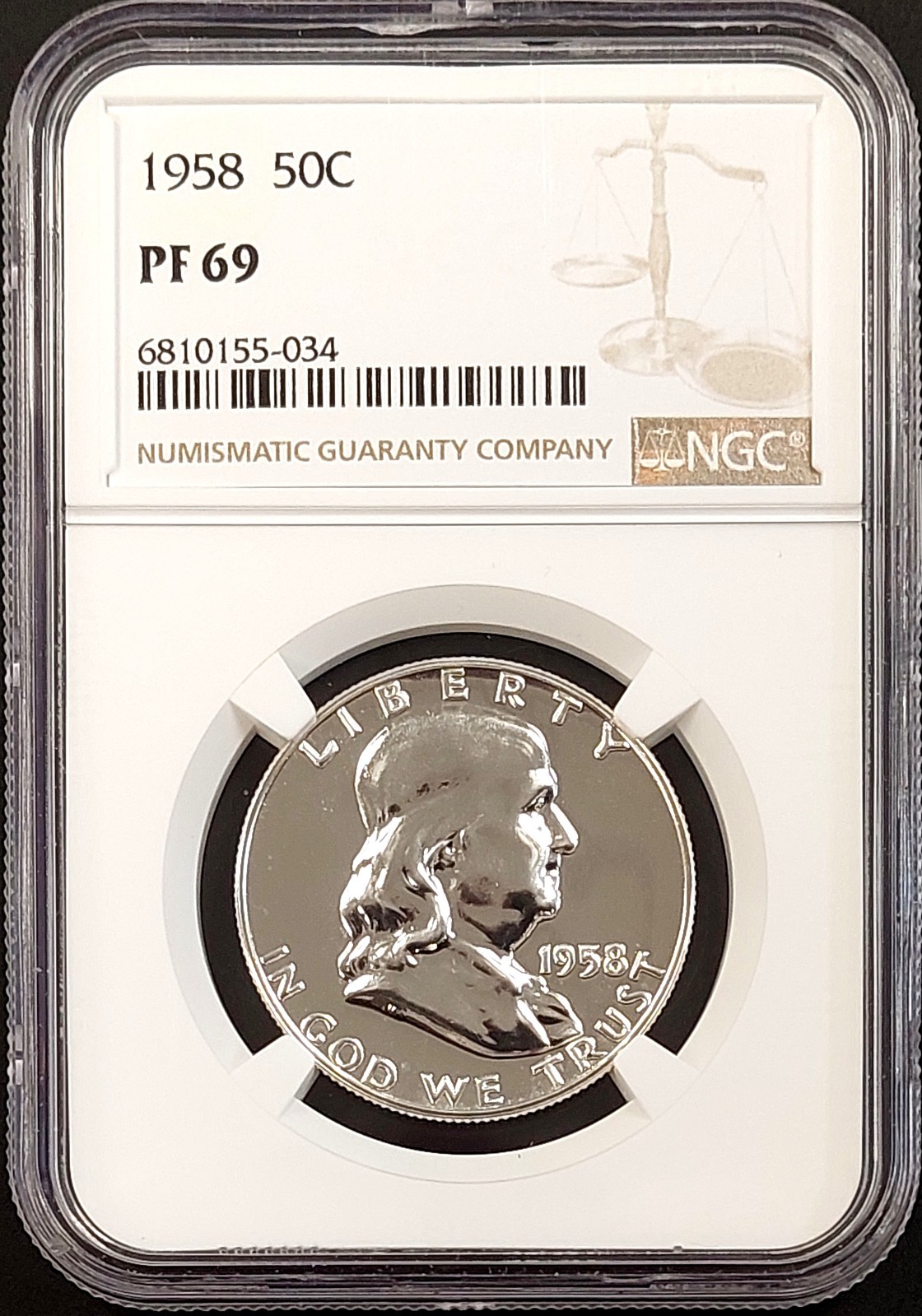 1958 Proof Franklin Silver Half Dollar certified PF 69 by NGC!