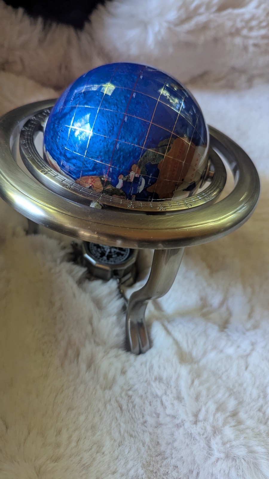 Blue Semi-Precious Stone World Globe on 3 Leg Brass Stand with Compass 8”