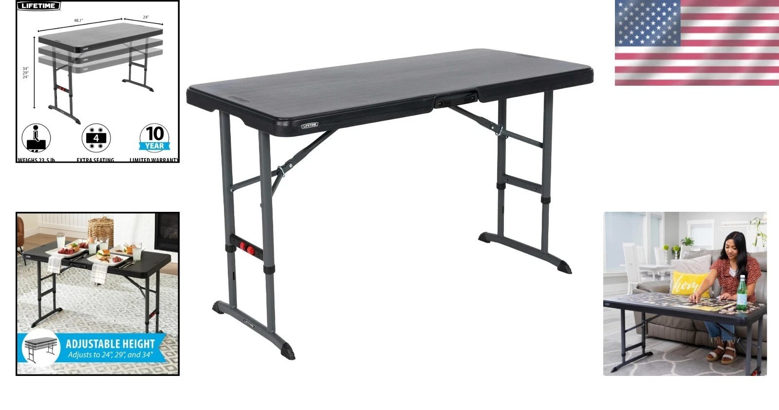 Sturdy 4-Foot Adjustable Folding Table – Lightweight & Weather-Resistant - Black