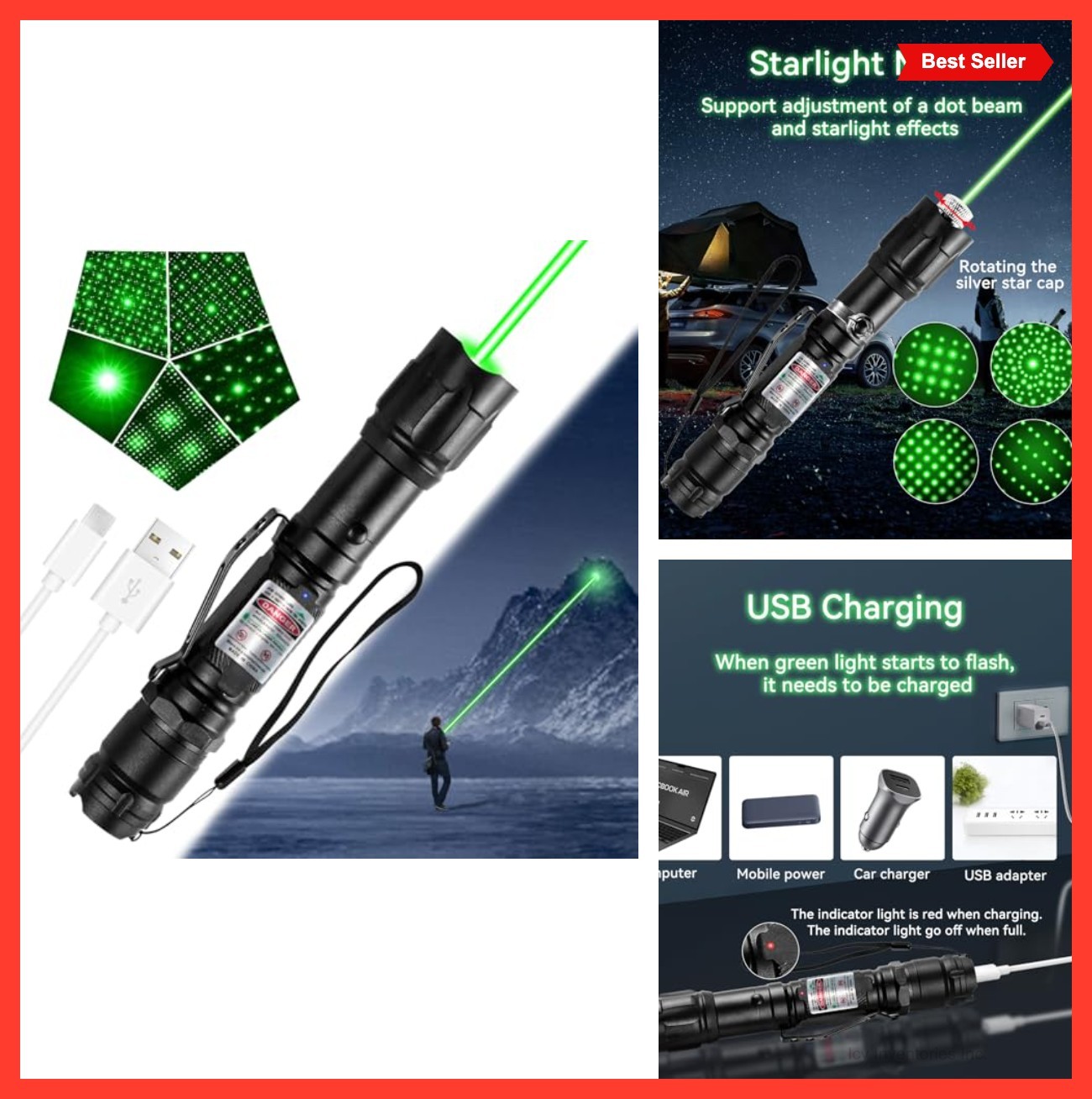 Green Laser Pointer 1000 Lumens Rechargeable Star Cap Single Dot Starlight