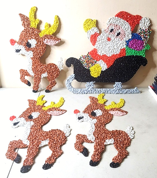 Vintage Santa Sleigh & 3 Reindeer Rudolph Melted Plastic Popcorn Decorations