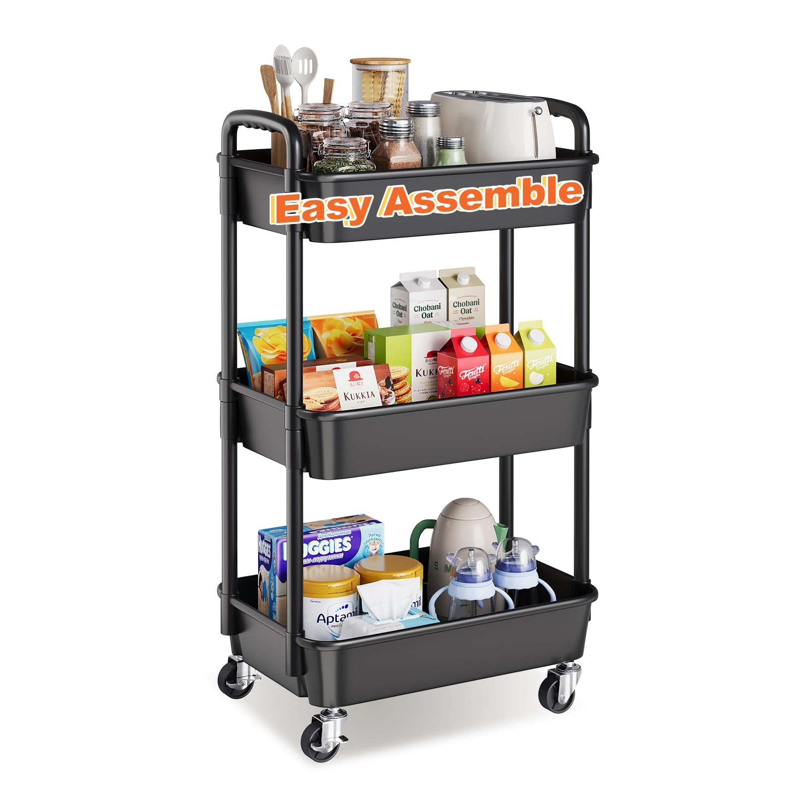 3 Tier Rolling Cart with Wheels, Black Plastic Three Tiered Shelf Organizer C...