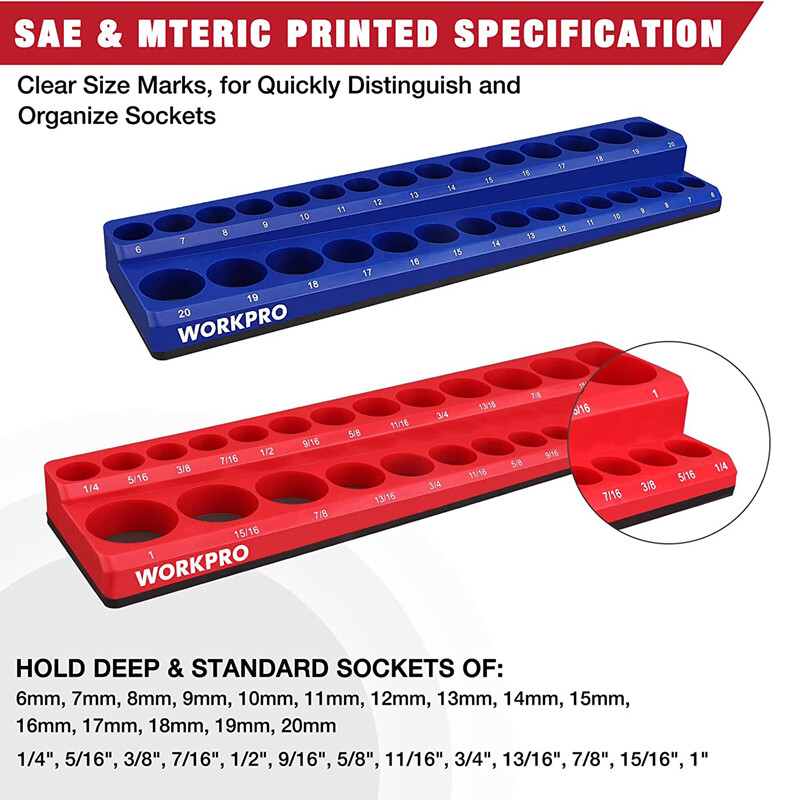 WORKPRO 2PC 3/8" Magnetic Socket Organizer Set SAE & Metric Socket Holders Carts