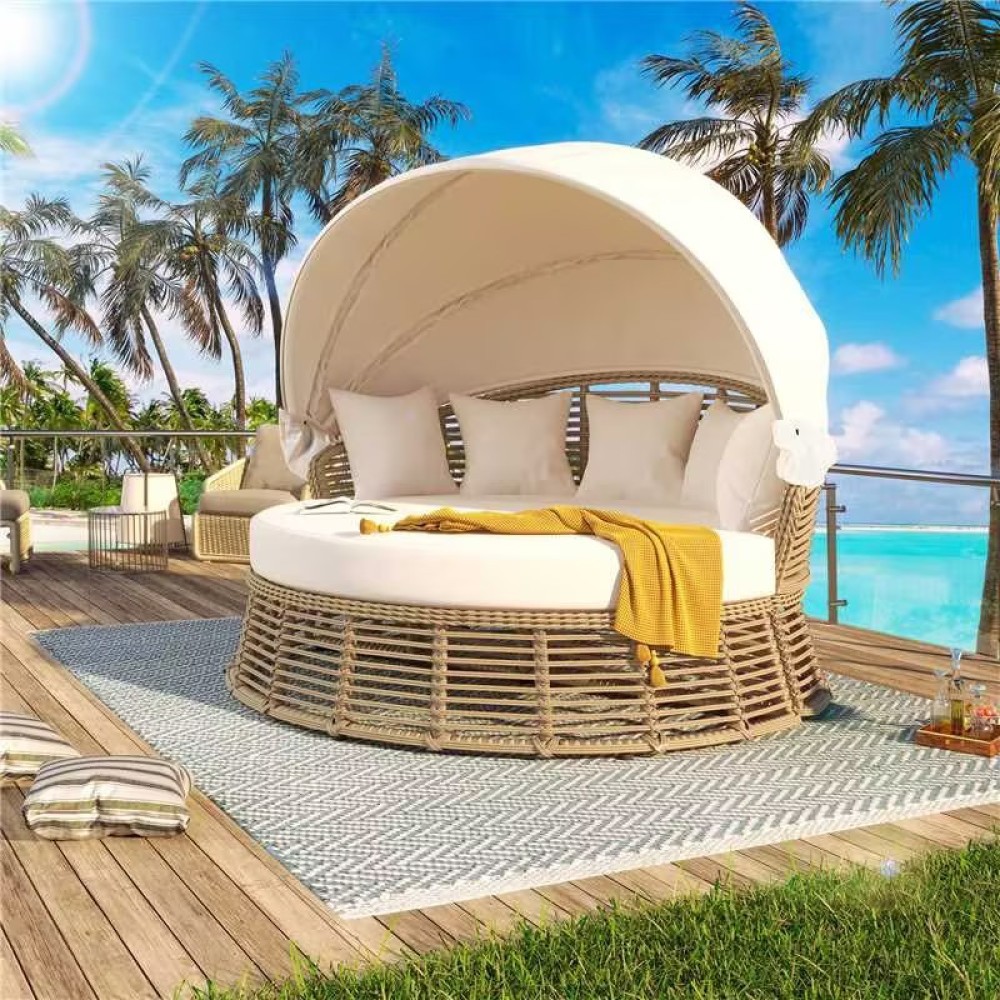Outdoor Patio Rattan Round Daybed Sunbed w/Canopy Wicker Furniture Poolside Sofa