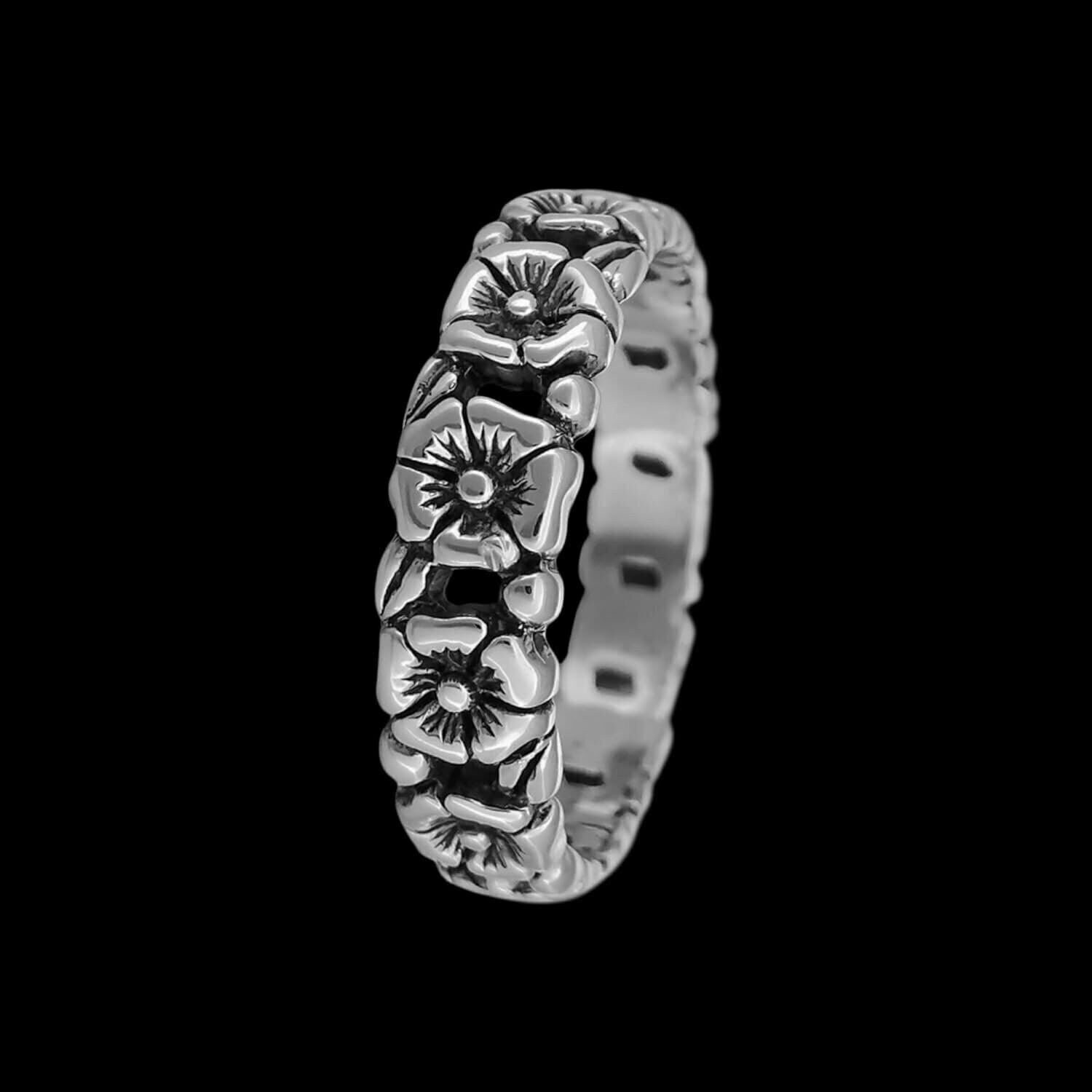 Sterling Silver Band of Blooming Flowers Ring