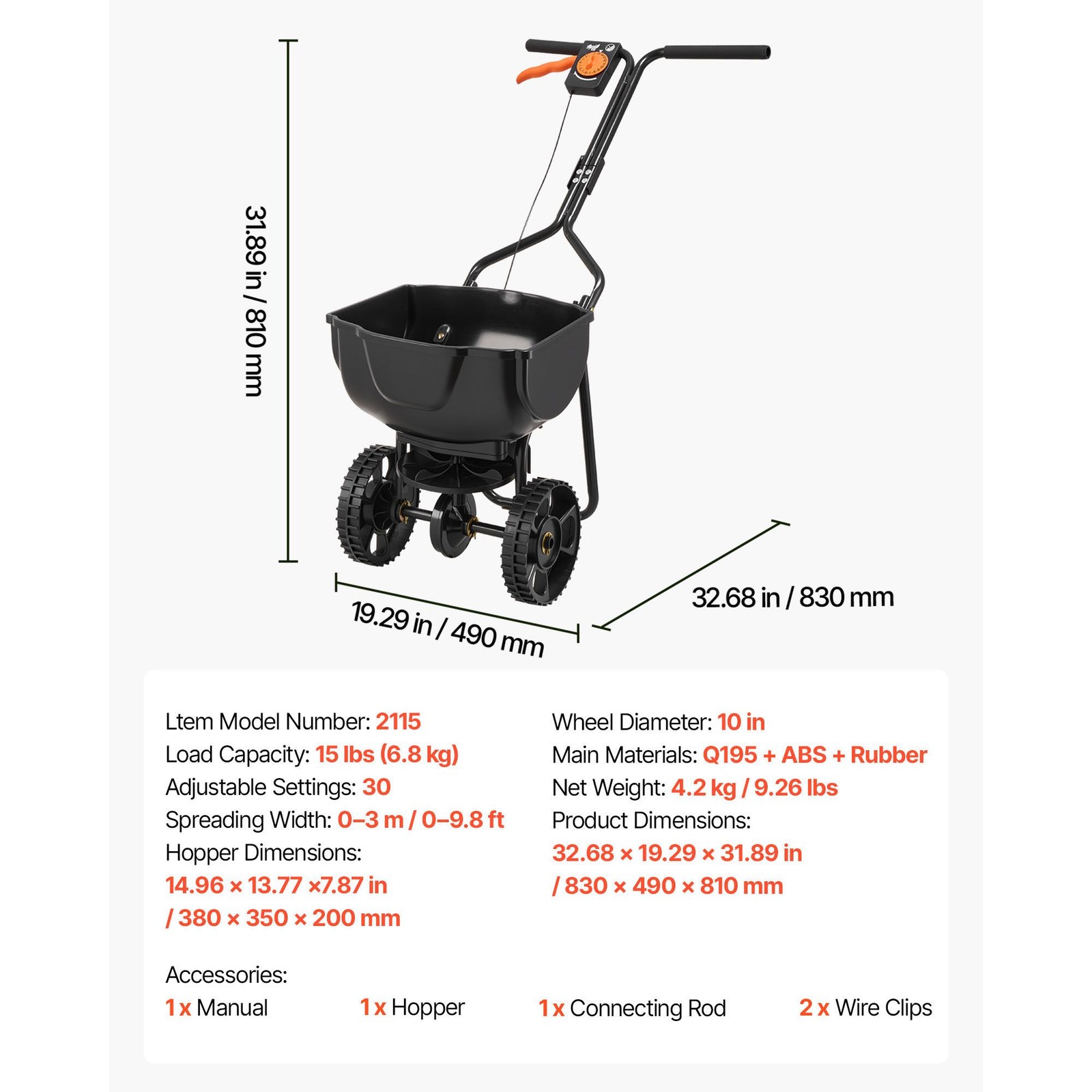 Walk-Behind Spreader, 9.8ft Spreading Width, Push Broadcast Spreader