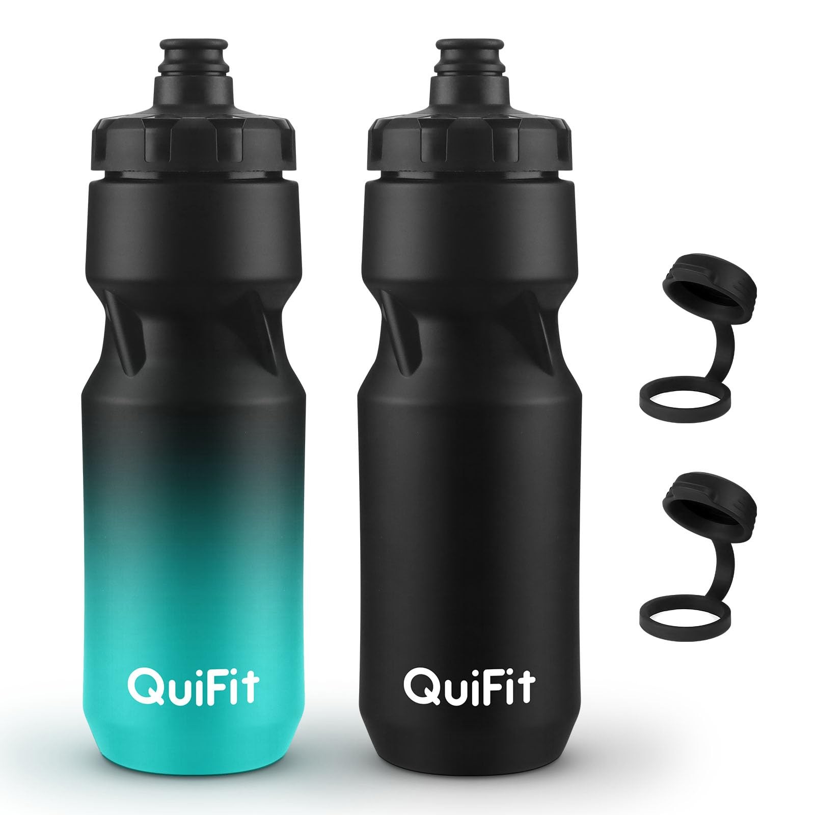 QuiFit Hockey Squeeze Water Bottle 2-Pack, Leak 24 Ounces, Black+Black Green