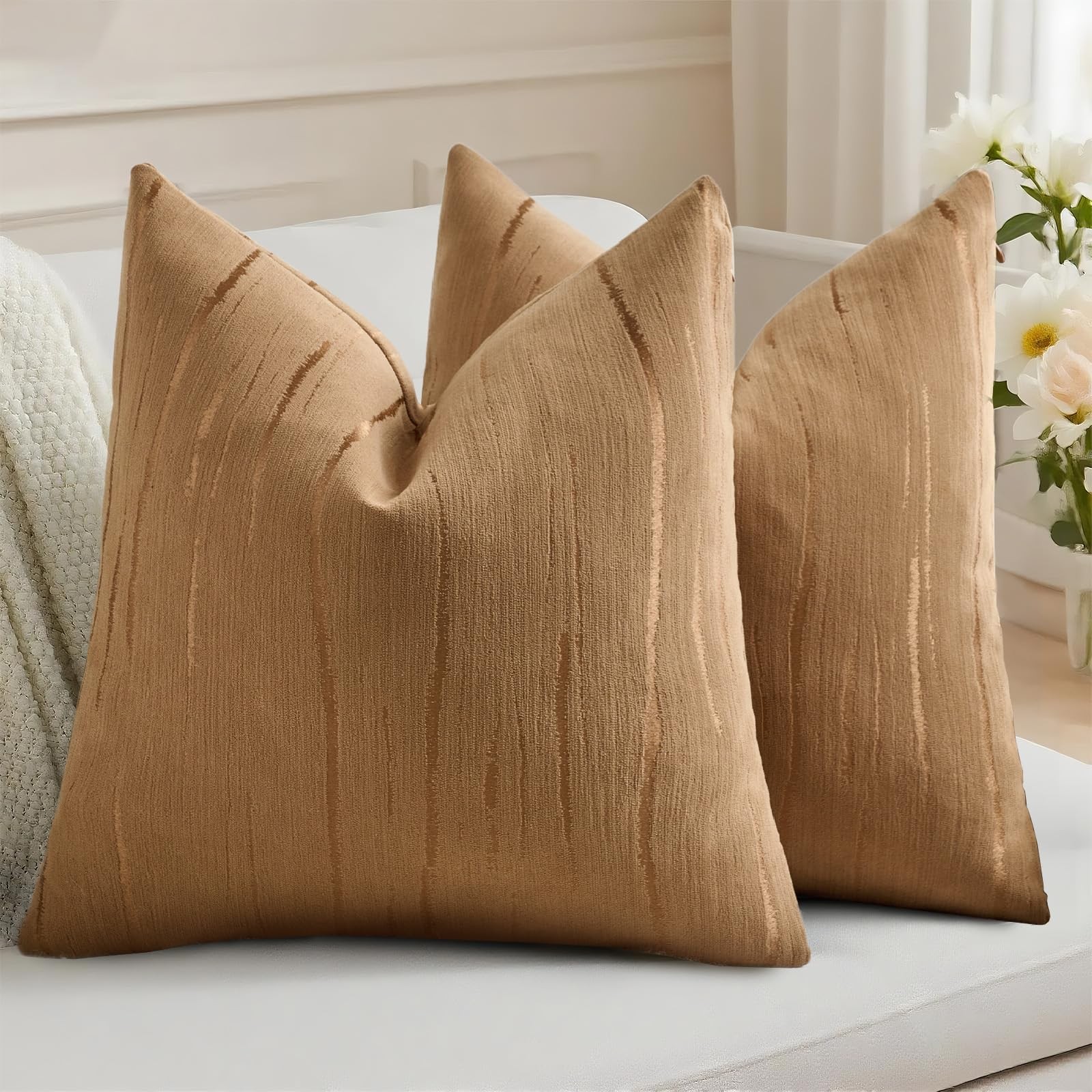 Bronze Throw Pillow Covers 24x24 Inch Set of 2, Boho Embossed Striped Texture...