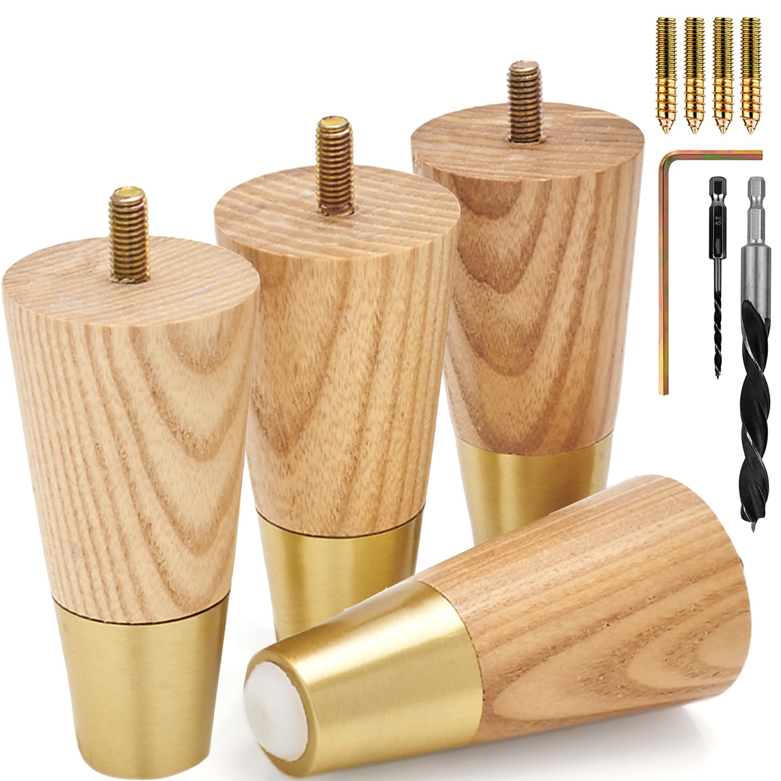 Premium Ash Wood Furniture Legs with Gold Caps (Full Install Kit) - Pick Your Si