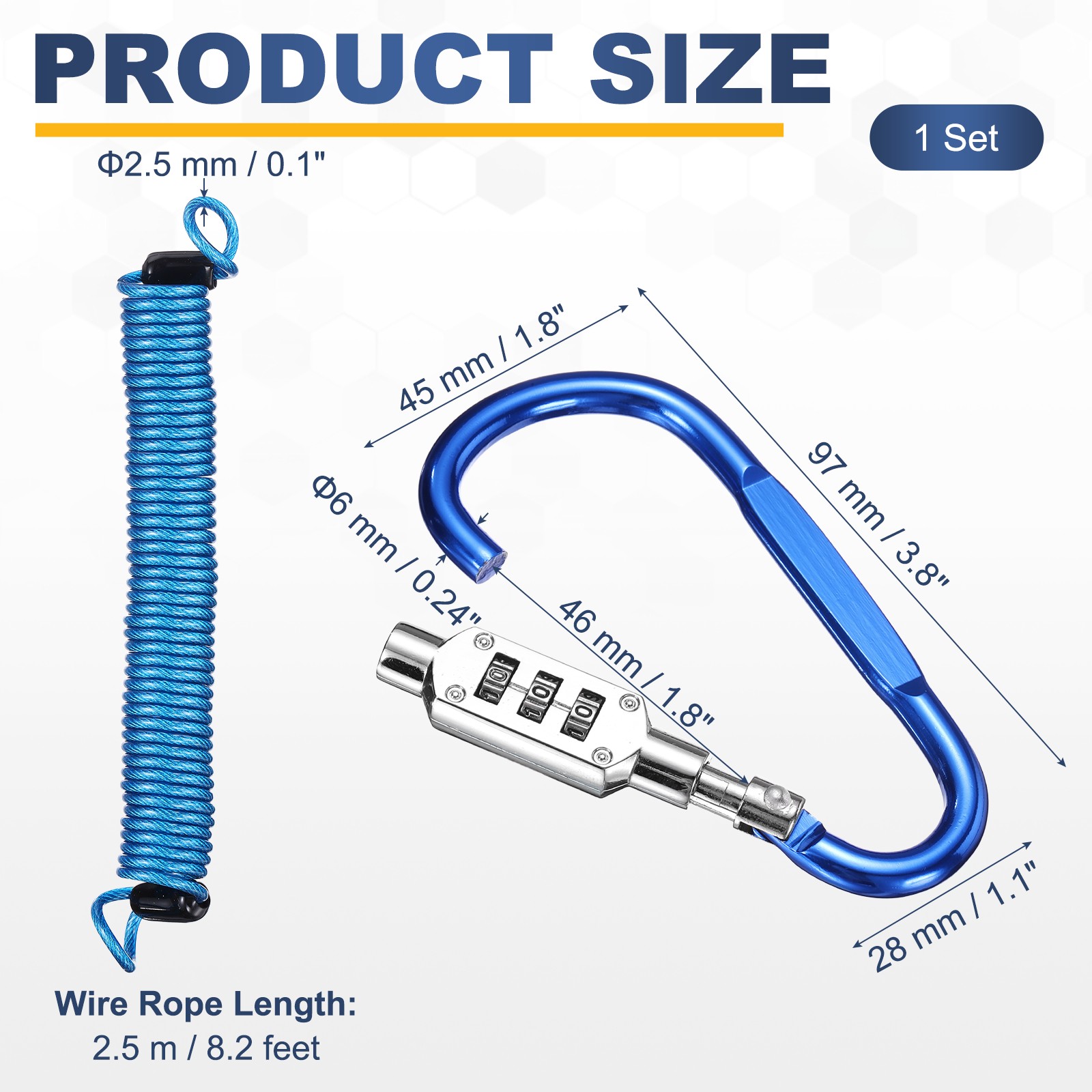 8.2Ft Security Cable Lock Steel Safety Cable with 3.8" Combination Lock Blue