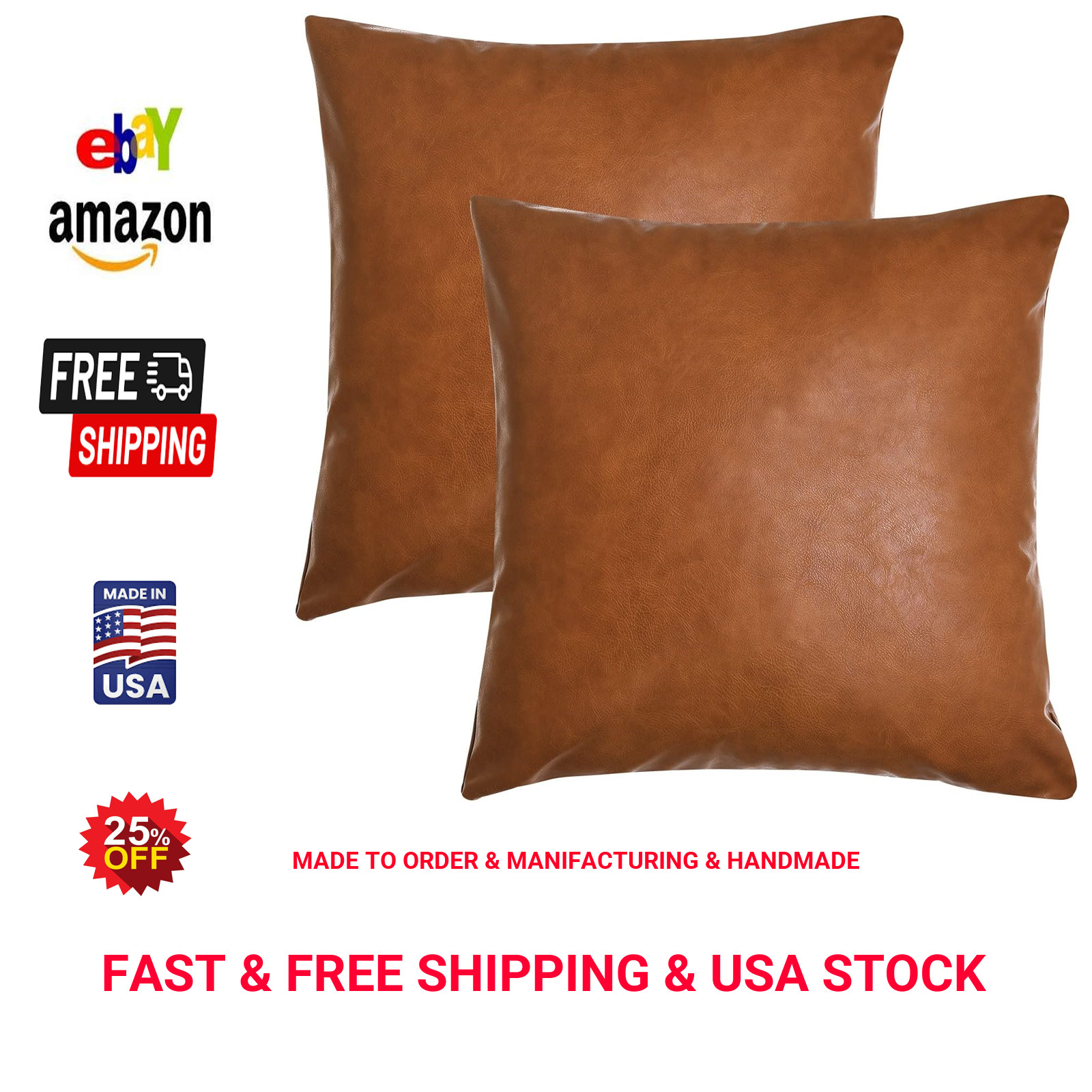 Faux Leather Throw Pillow Covers Set of 2 18x18 Inch Cognac Brown Modern Square