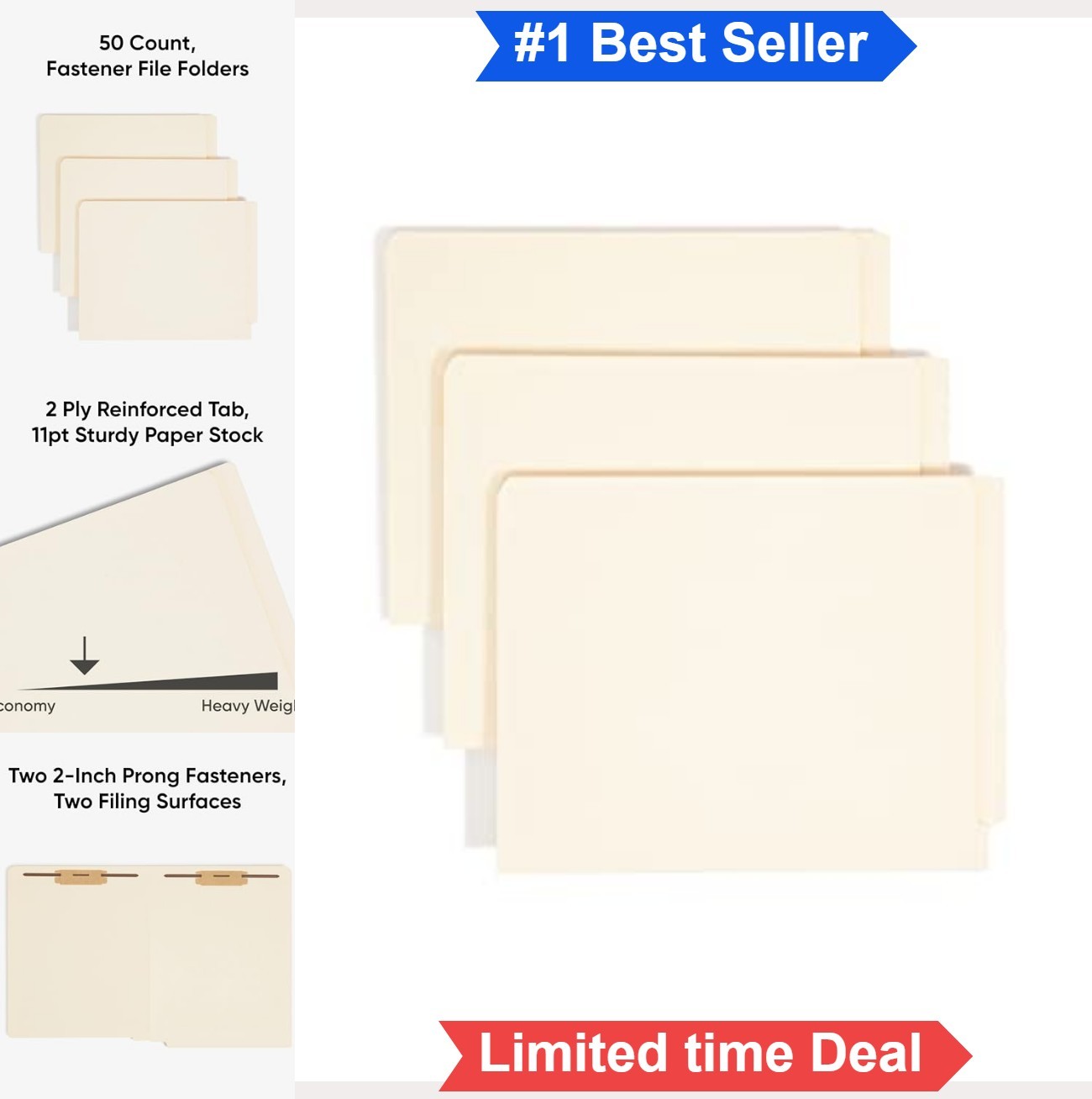 End Tab File Folders 50 Count Manila Letter Size Metal Fasteners 2 Inch Prong