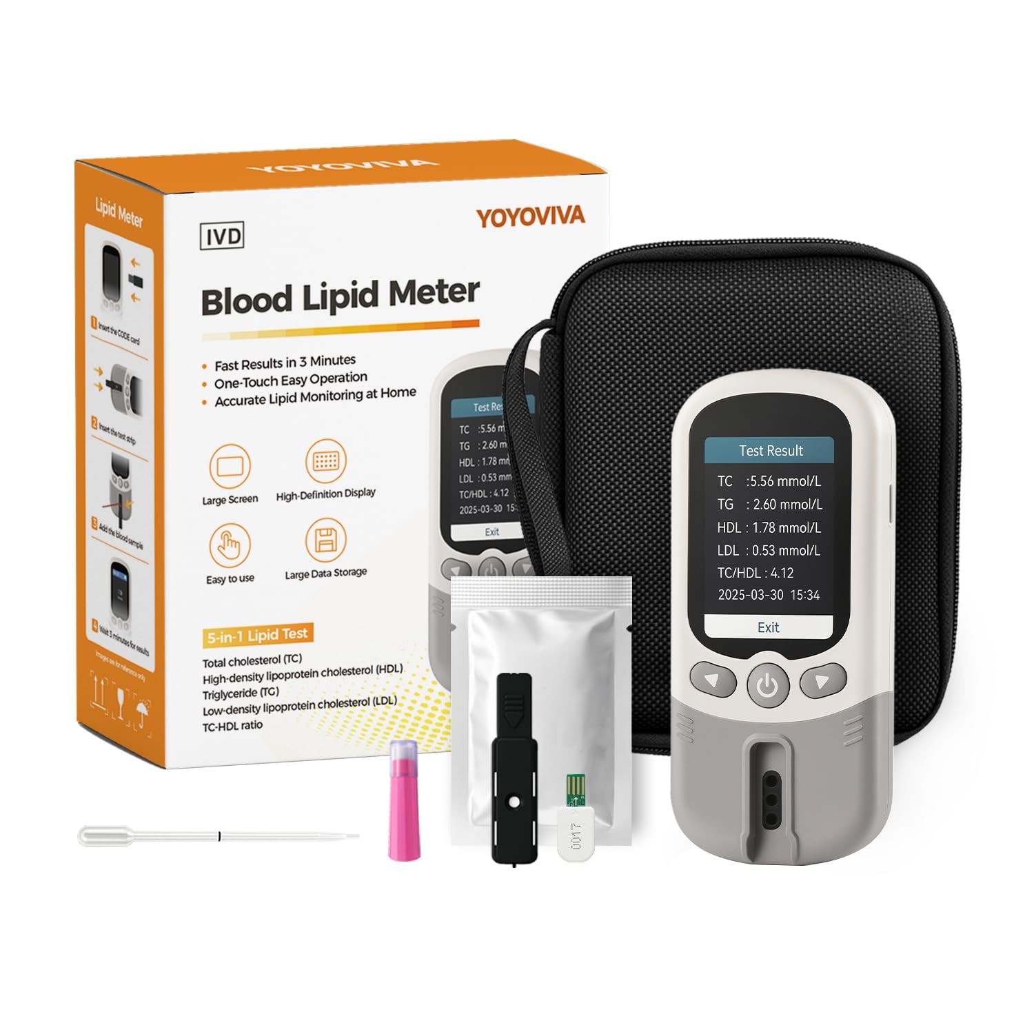 YOYOVIVA 5 in 1 Portable Cholesterol Lipid Test Meter Kit for Total Cholester...