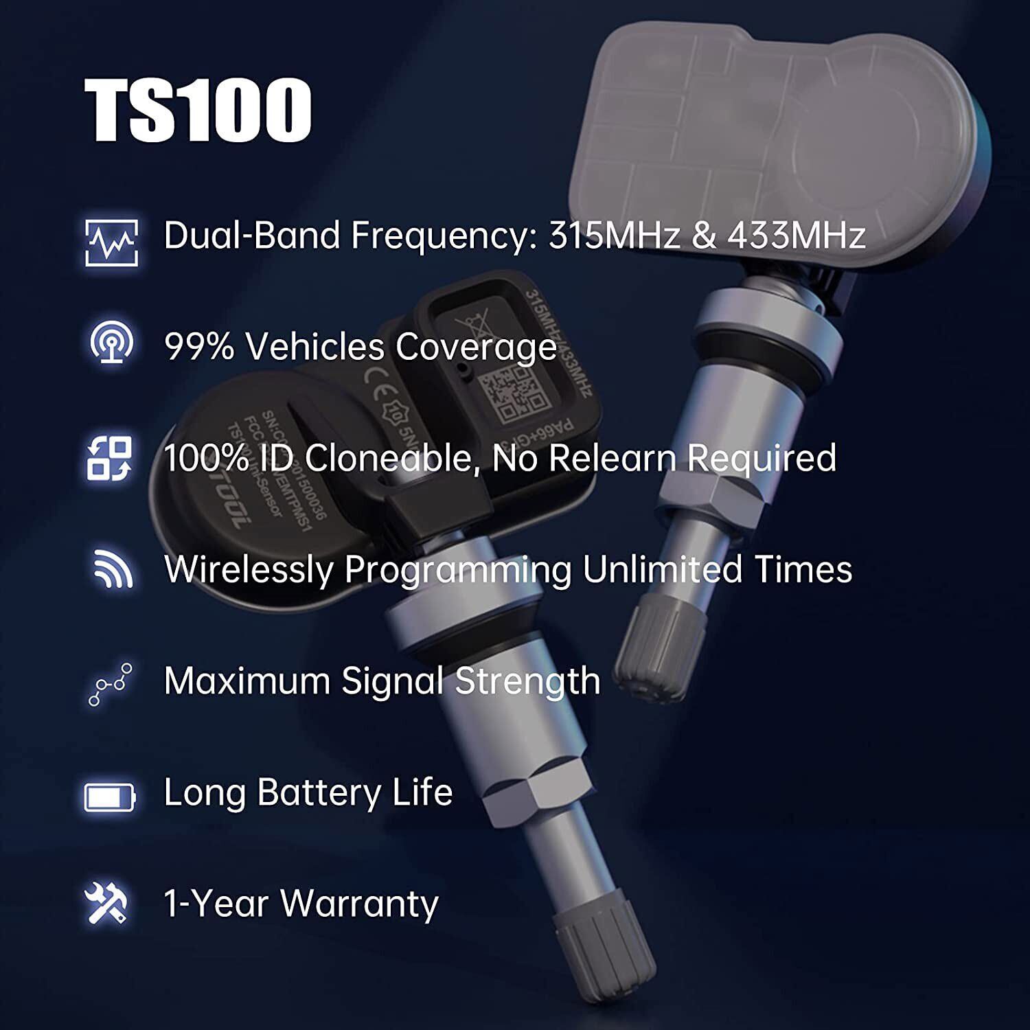 XTOOL TS100 TPMS 315MHz & 433MHz Programmable Tire Pressure Sensor 4pack Metal
