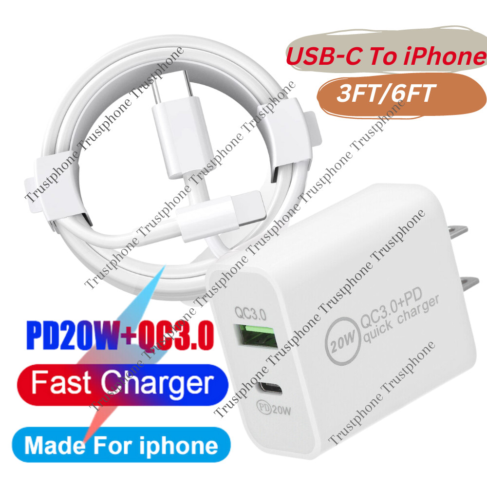 USB-C Fast Charger 20W Adapter Block For iPhone 14 13 12 11 XR 8 Type C PD Cable